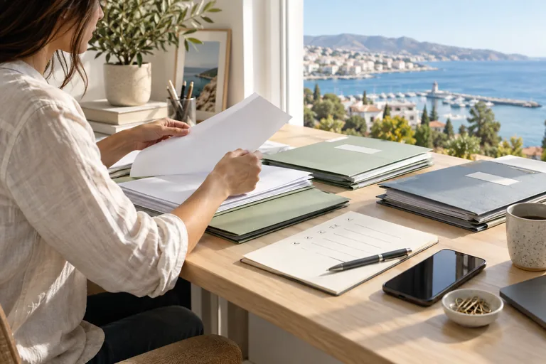 A person organizing document folders and a checklist for a Cyprus residence application
