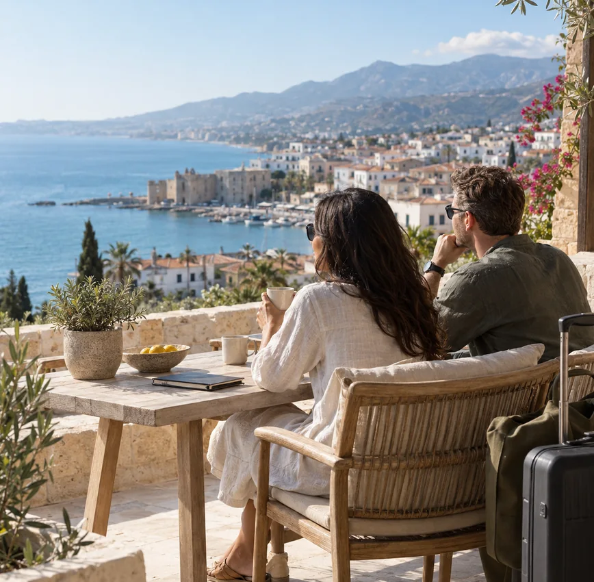 A couple planning their move from a terrace overlooking a coastal town in Cyprus