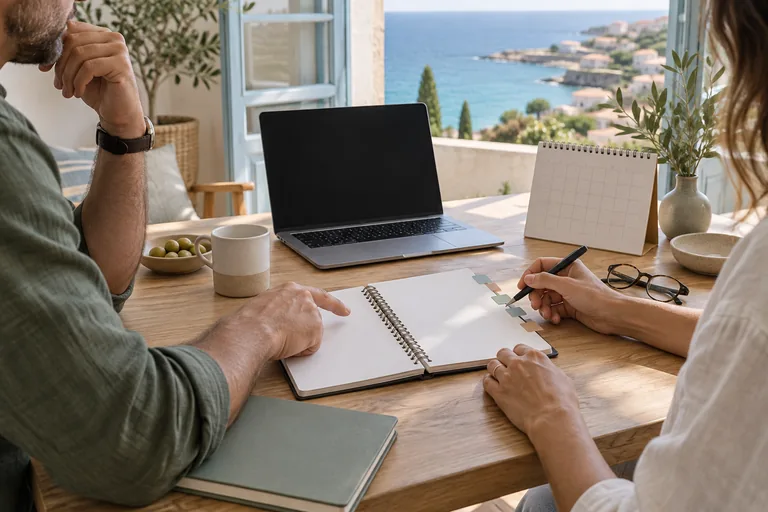 A couple comparing relocation routes at a table overlooking the Cyprus coast