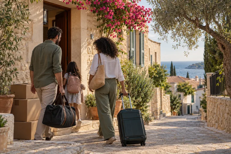 A family arriving with luggage at their new home in a Cyprus coastal neighborhood