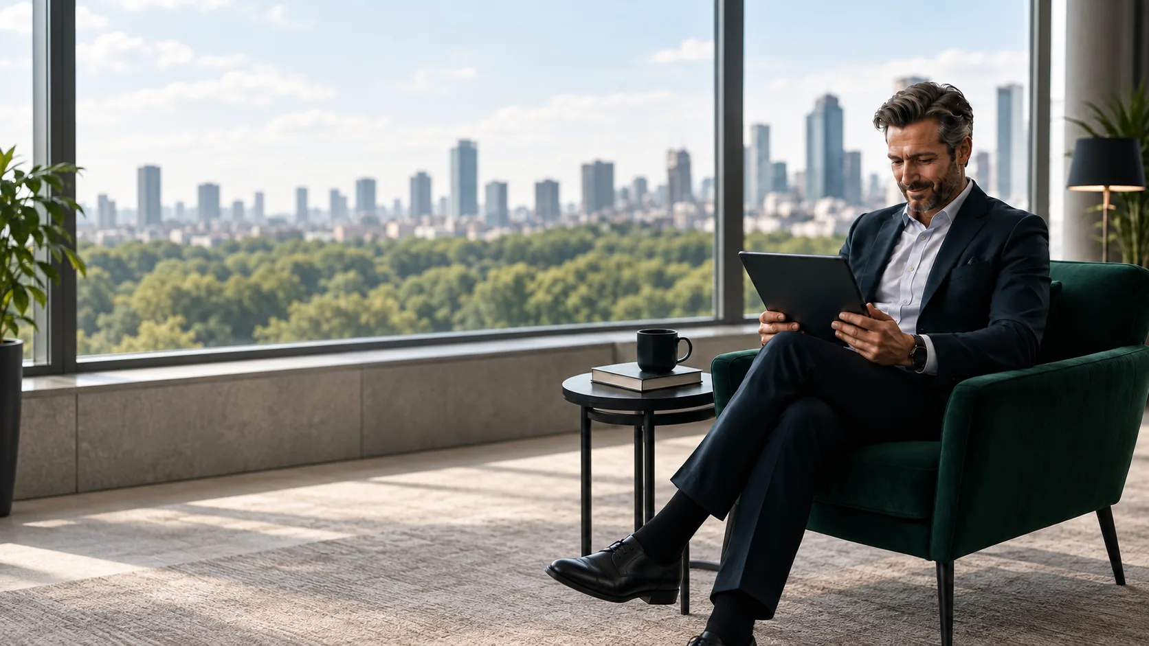Relocation adviser reviewing a client move plan beside a city window