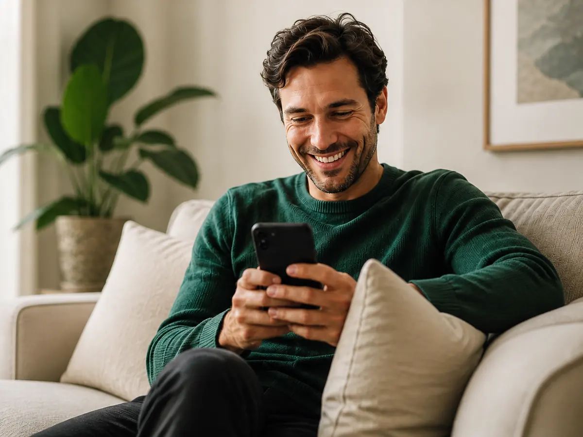 A relocation client smiling as he reviews offers on his phone