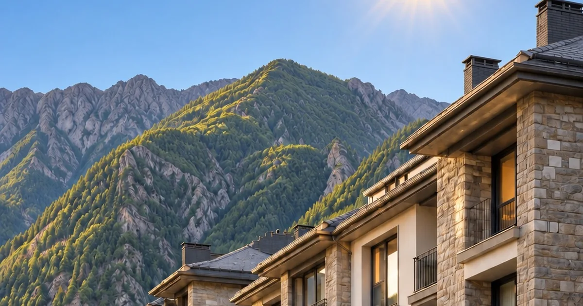 Sunlit stone homes in Andorra beneath the Pyrenees