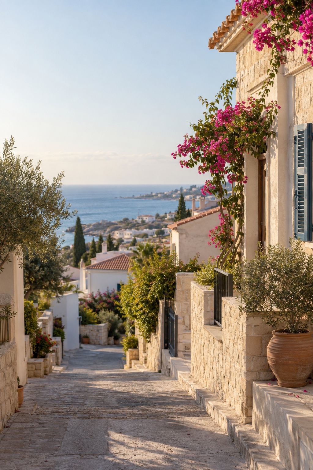 Casas de piedra bañadas por el sol con vistas al Mediterráneo en Chipre