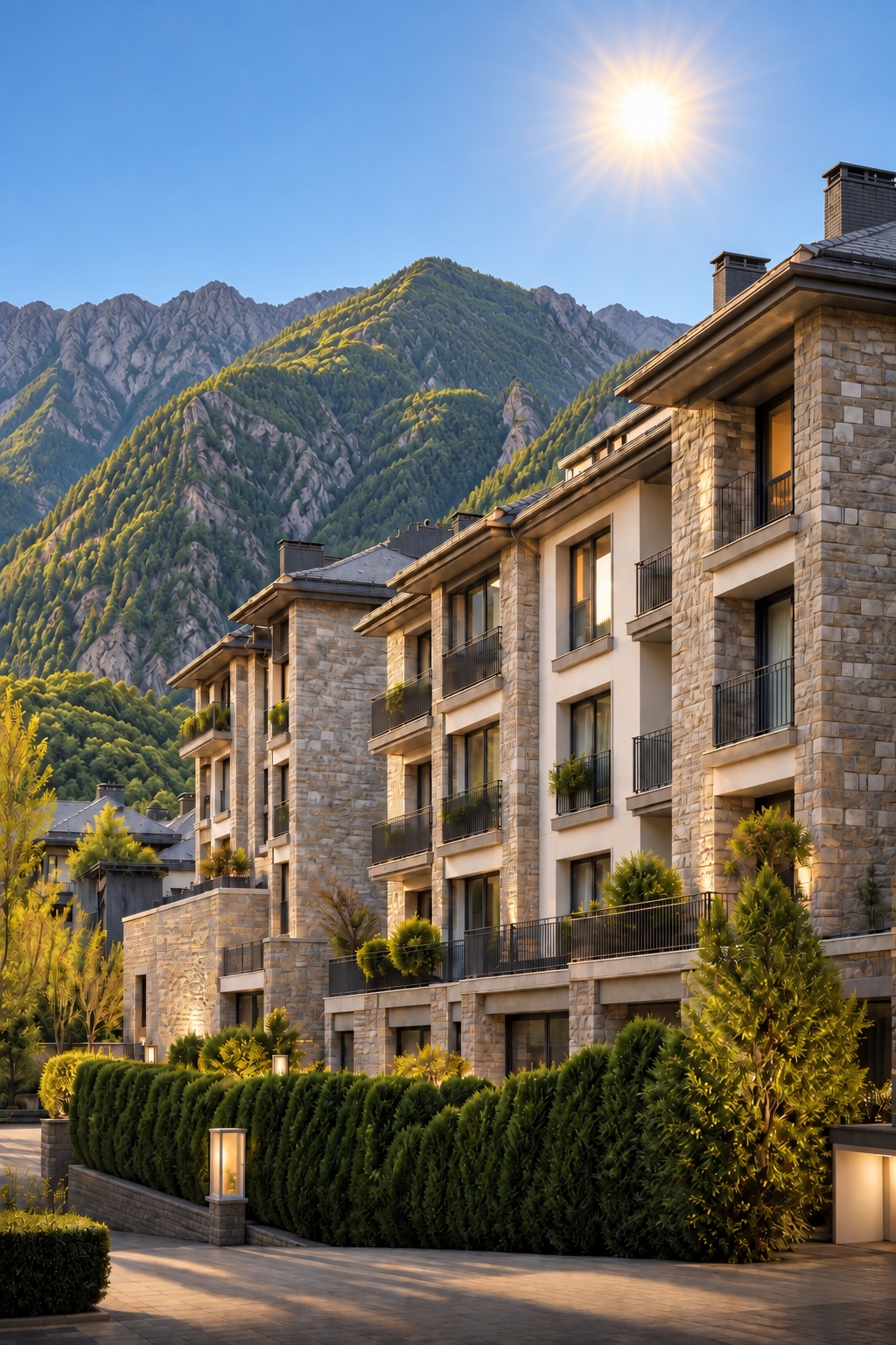Casas de piedra soleadas en Andorra bajo los Pirineos