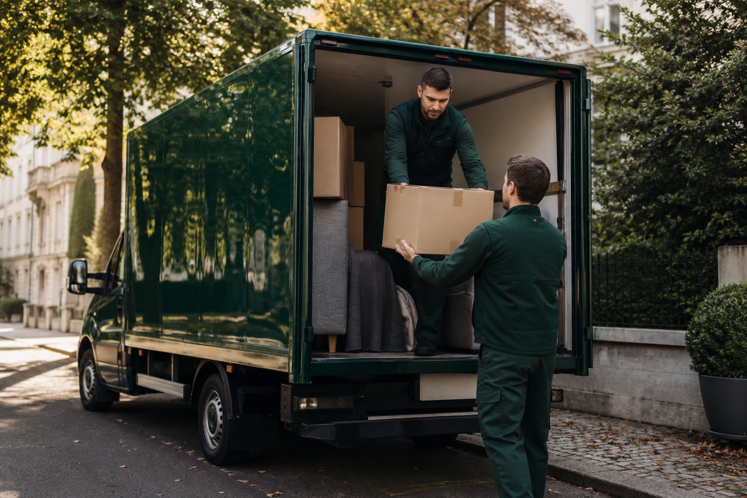 Профессиональные перевозчики, разгружающие коробки из изумрудно-зелёного грузовика