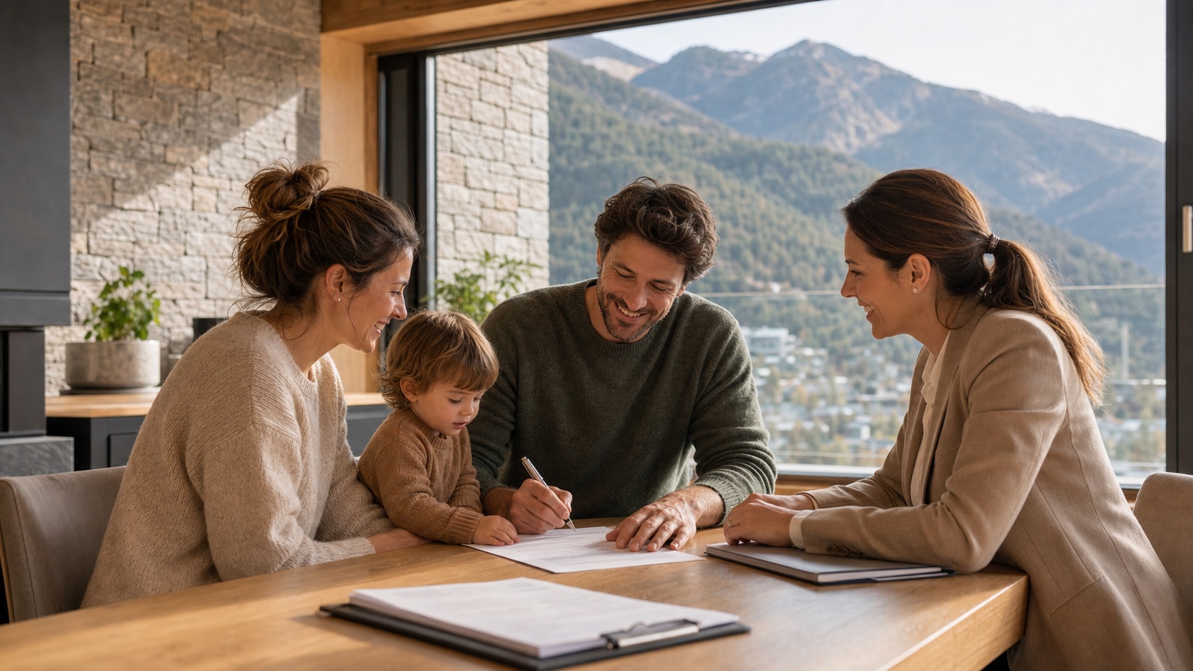 A family completing their Andorran relocation paperwork with an advisor