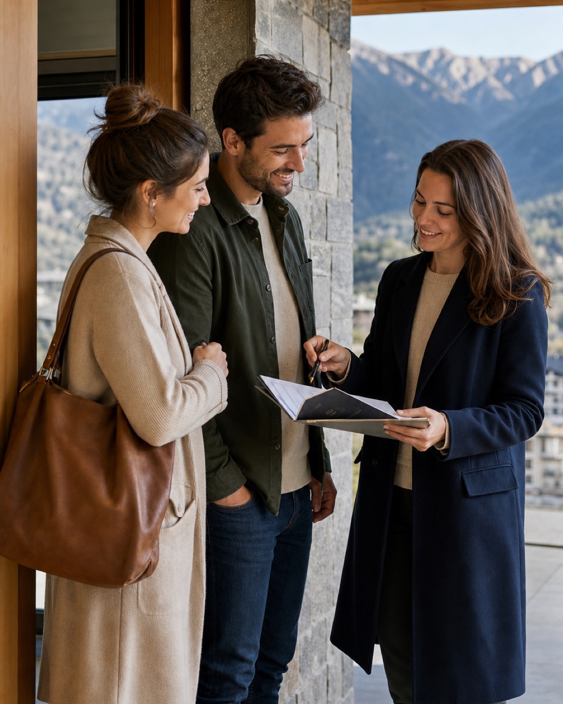 A relocation advisor reviewing residency paperwork and a passport with a couple in Andorra